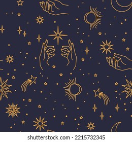 Seamless pattern with constellations. Sun, moon, magic hands and stars. Mystical esoteric background for design. Astrology magical vector.