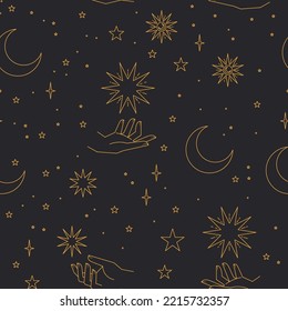 Seamless pattern with constellations. Sun, moon, magic hands and stars. Mystical esoteric background for design. Astrology magical vector.