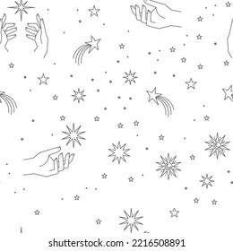 Seamless pattern with constellations. Sun, moon, magic hands and stars. Mystical esoteric background for design. Astrology magical vector.