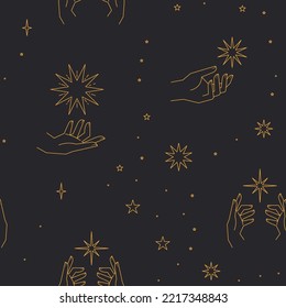 Seamless pattern with constellations. Sun, moon, magic hands and stars. Mystical esoteric background for design. Astrology magical vector.