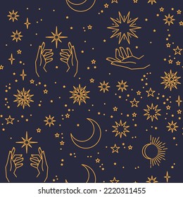 Seamless pattern with constellations. Sun, moon, magic hands and stars. Mystical esoteric background for design. Astrology magical vector.