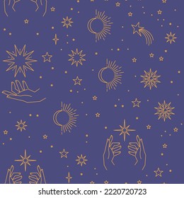 Seamless pattern with constellations. Sun, moon, magic hands and stars. Mystical esoteric background for design. Astrology magical vector.