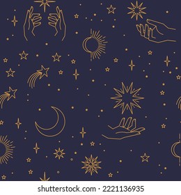 Seamless pattern with constellations. Sun, moon, magic hands and stars. Mystical esoteric background for design. Astrology magical vector.