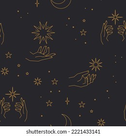 Seamless pattern with constellations. Sun, moon, magic hands and stars. Mystical esoteric background for design. Astrology magical vector.