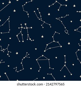 Seamless pattern with constellations. Vector background with stars. Drawn outer space. Day design for children's textiles, wallpaper, wrapping paper, gifts, fabric.