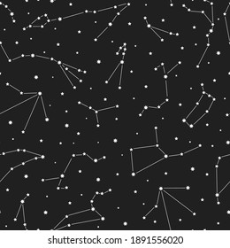 Seamless pattern with constellations. Vector black and white illustration.