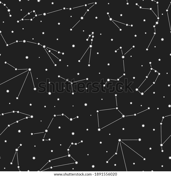 Seamless pattern with constellations.\
Vector black and white\
illustration.