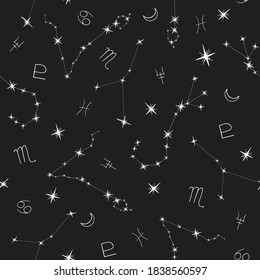 Seamless pattern of constellations, water zodiacs and planets signs of pisces, cancer and scorpius on dark background. Hand drawn vector illustration. Wraping paper horoscope. 