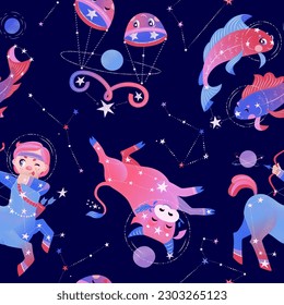 Seamless pattern with constellations of zodiac circle on dark blue background. Vector illustration EPS 10.