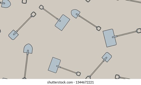Seamless pattern of construction icons of aggro-beautiful snow bayonet, shovels with wooden handles for digging the ground, snow removal. Garden tools on a gray background. Vector illustration.