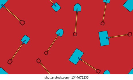 Seamless pattern of construction icons of aggro-beautiful snow bayonet, shovels with wooden handles for digging the ground, snow removal. Garden tools on a red background. Vector illustration.