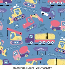 Seamless pattern construction site pattern with cranes and trucks for kids