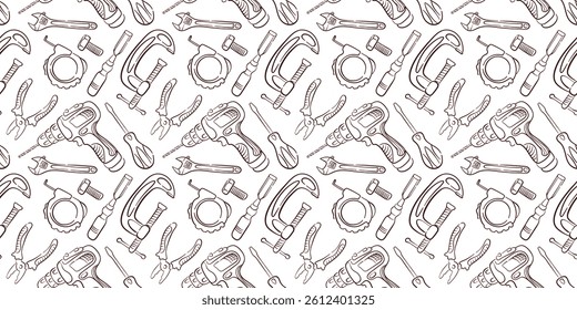 Seamless pattern of construction tool including drill, pliers, wrench, clamp and screwdriver in line art style on white background for industrial and repair design.