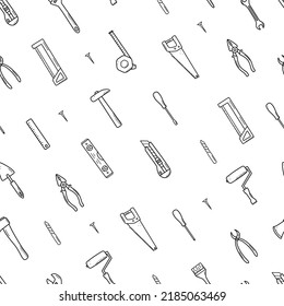 Seamless pattern Construction tools, doodle vector set of repair elements, cartoon icons