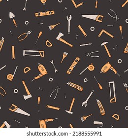 Seamless pattern Construction tools, doodle vector set of repair elements, cartoon icons.