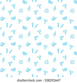 seamless pattern with construction tools and equipment linear icons, blue over white