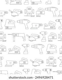 Seamless pattern with construction tools line art objects