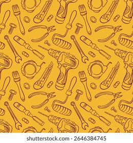 Padrão contínuo com ferramentas de construção em estilo de arte de linha em fundo amarelo. Design para a construção de loja com broca, rolo de tinta, medida de fita, cortador de fio, faca utilitário, chave elétrica.