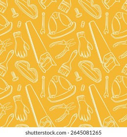 Seamless pattern with construction tools and safety equipment in line art style on yellow background. - Powered by Shutterstock - Get 15% off with code: PIKWIZARD15