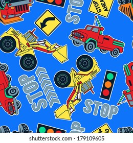 Seamless pattern of construction trucks and tractors in a blue background.