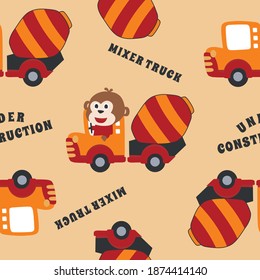Nahtlose Muster der Konstruktion Fahrzeug Cartoon mit lustigen Tieren arbeiten. Kreativer, kindischer Hintergrund für Stoff, Textilien, Tapeten, Karten, Plakate und andere Dekorationen.