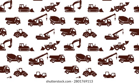 Seamless Pattern of Construction Vehicles and Heavy Equipment Vector Illustration
