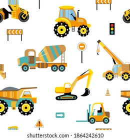 Seamless Pattern Of Construction Vehicles. White Background, Isolate. Icons Kids Cars For Design Of Children's Rooms, Clothing, Textiles.