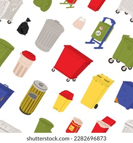 Seamless pattern with Containers for waste disposal. Waste sorting. Garbage bins. Flat style in vector illustration. Design for waste collection companies. City cleaning. Transparent background. 