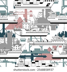 Seamless pattern of containership, bulker, tanker and icebreaker with silhouettes of cargo port cranes against white background. Trade, business, import, export, logistics concept. 
