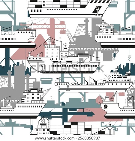 Seamless pattern of containership, bulker, tanker and icebreaker with silhouettes of cargo port cranes against white background. Trade, business, import, export, logistics concept. 