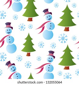 A seamless pattern containing happy snowmen surrounded by fir trees and snowflakes.