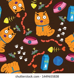 Seamless pattern containing a red kitten, a food bowl, a fish skeleton, sausages and a ball of thread on a dark background.
