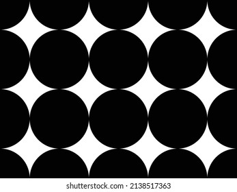 Seamless pattern contains circles and make a four heads stars between them, white and black colors, texture, fabric, pattern illustration vector, abstract art, artistic work, black and white pattern