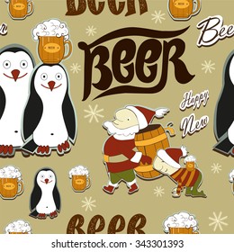  Seamless pattern contains images of Santa with beer tun,elf with beer mug,penguins and text..Seamless Happy New Beer. Scrap booking style.