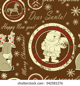  Seamless pattern contains images of Santa,reindeer, toy horse,postage stamps,snowflakes and text on brown background. Seamless with Santa Seamless pattern.