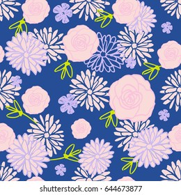 Seamless Pattern with Contemporary Blooming Flowers . Print on Blue Background 