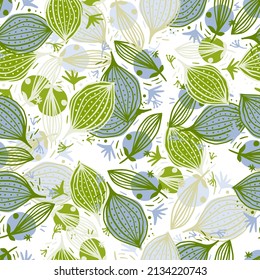 Seamless pattern with contemporary leaves. Creative floral leaf wallpaper. Doodle style. Modern design for fabric, textile print, surface, wrapping, cover, greeting card. Vector illustration