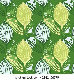 Seamless pattern with contemporary leaves. Creative floral leaf wallpaper. Doodle style. Modern design for fabric, textile print, surface, wrapping, cover, greeting card. Vector illustration