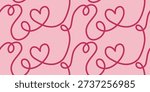 Seamless pattern with continuous heart lines on a pink background - minimalist Valentine