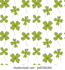 Seamless pattern with continuous line clovers. Vector line art. Happy St. Patrick's Day. Perfect for card, invitation, poster, print, wrapping paper, packaging design
