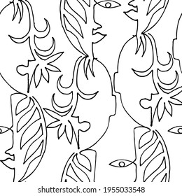 Seamless pattern with continuous line drawing of faces. Hand drawn vector illustration. 