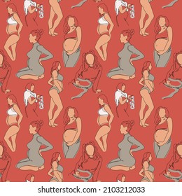 Seamless Pattern of continuous line drawing of pregnant women. vector illustration isolated on brown