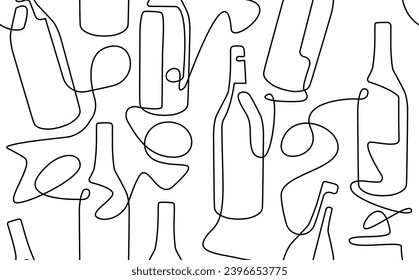 Seamless pattern with continuous line drawing bottles. Background with Wine, Champagne. Vector illustration.
