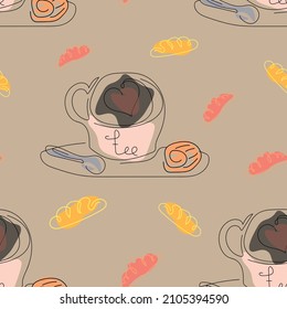Seamless pattern, continuous line hand-drawn served breakfast with tea