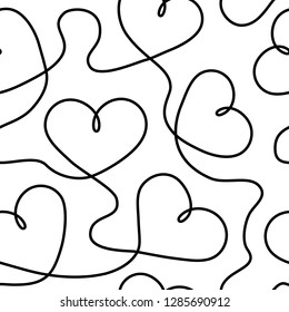 Seamless pattern with continuous line hearts. Contemporary background. Modern stylish texture. Monochrome black and white seamless background. Modern graphic design. Repeating abstract background