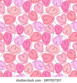 Seamless pattern with continuous line hearts in pink colors. Valentine's day background vector illustration