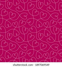 Seamless pattern with continuous line hearts in burgundy colors. Valentine's day background vector illustration