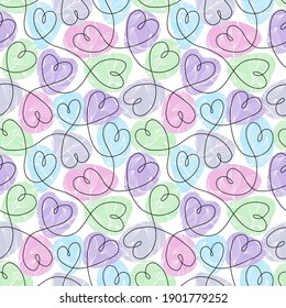 Seamless pattern with continuous line hearts in soft colors. Valentine's day background vector illustration