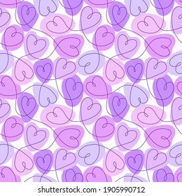 Seamless pattern with continuous line hearts in purple colors. Valentine's day background vector illustration
