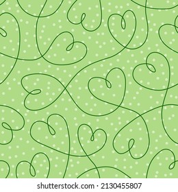 Seamless pattern with continuous line hearts in green colors. Valentine's day background vector illustration